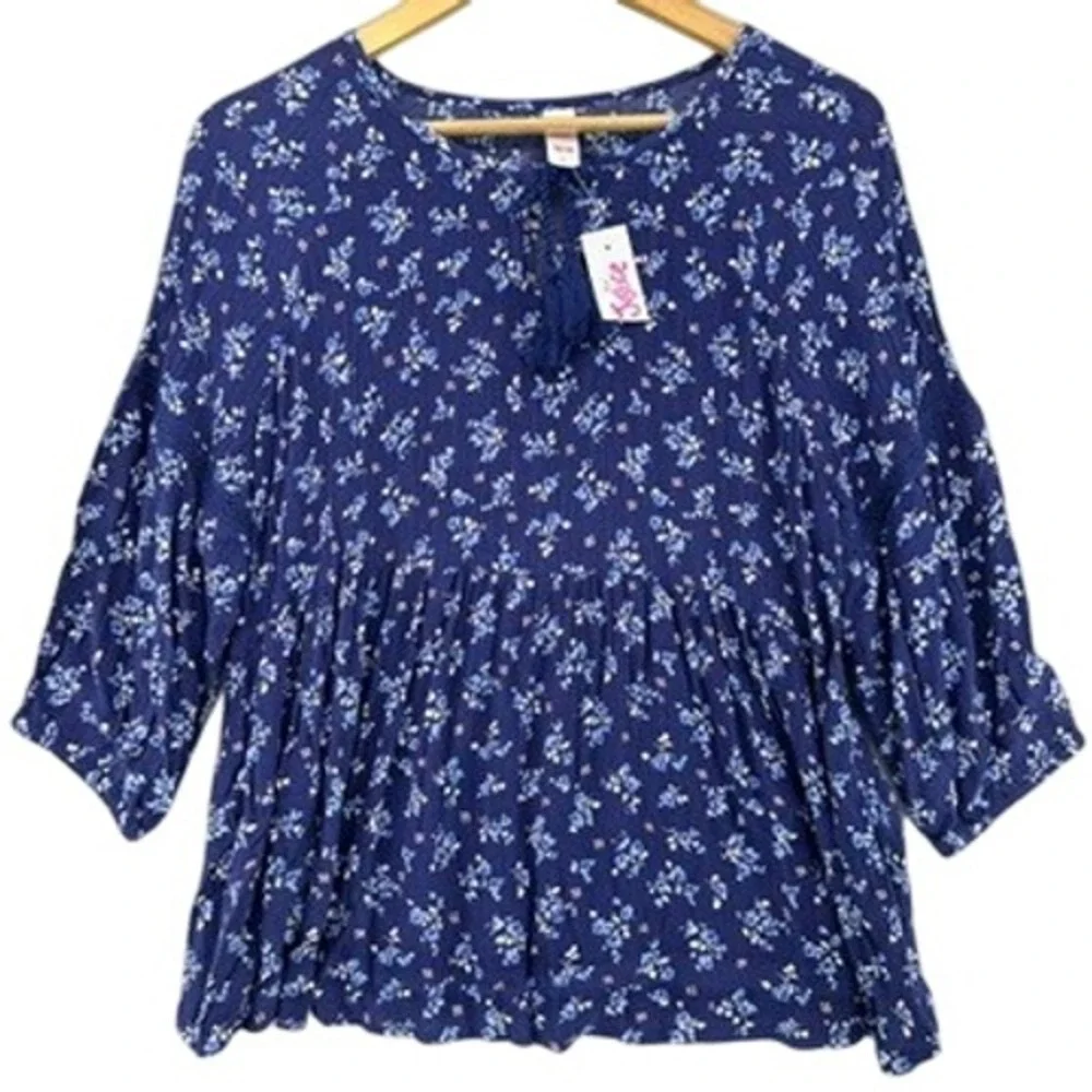 Justice Viscose Blue White Floral Tassel Tie Peplum Babydoll Top Blouse 8/20 2XL
